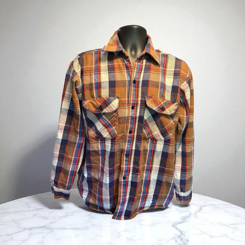 Vintage Clydesdale Flannel Shirt Distressed Sz Lg Brown Red Navy Lumberjack Warm